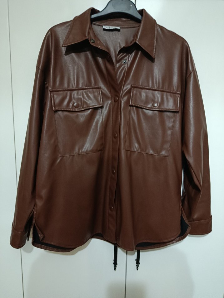 Düğmeli Kahverengi Deri Kadın Ceket - Görsel 3