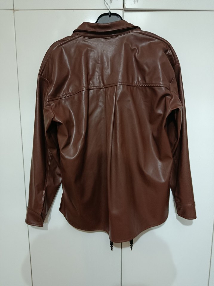 Düğmeli Kahverengi Deri Kadın Ceket - Görsel 2