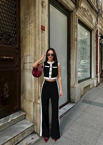 Diğer Düğmeli Siyah Deri Straplez Crop Top