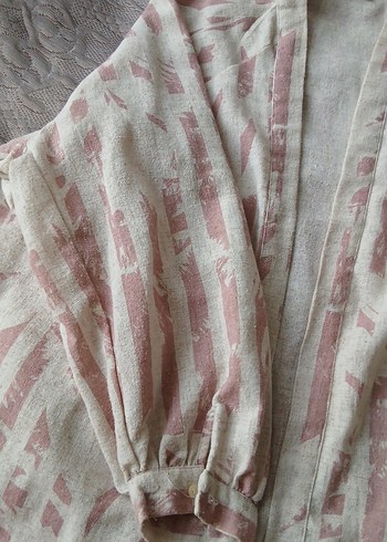 Bej Pastel Renkli Uzun Keten Kimono - Görsel 4