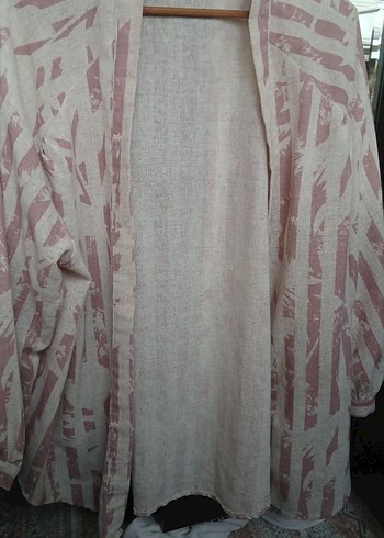 Bej Pastel Renkli Uzun Keten Kimono - Görsel 2