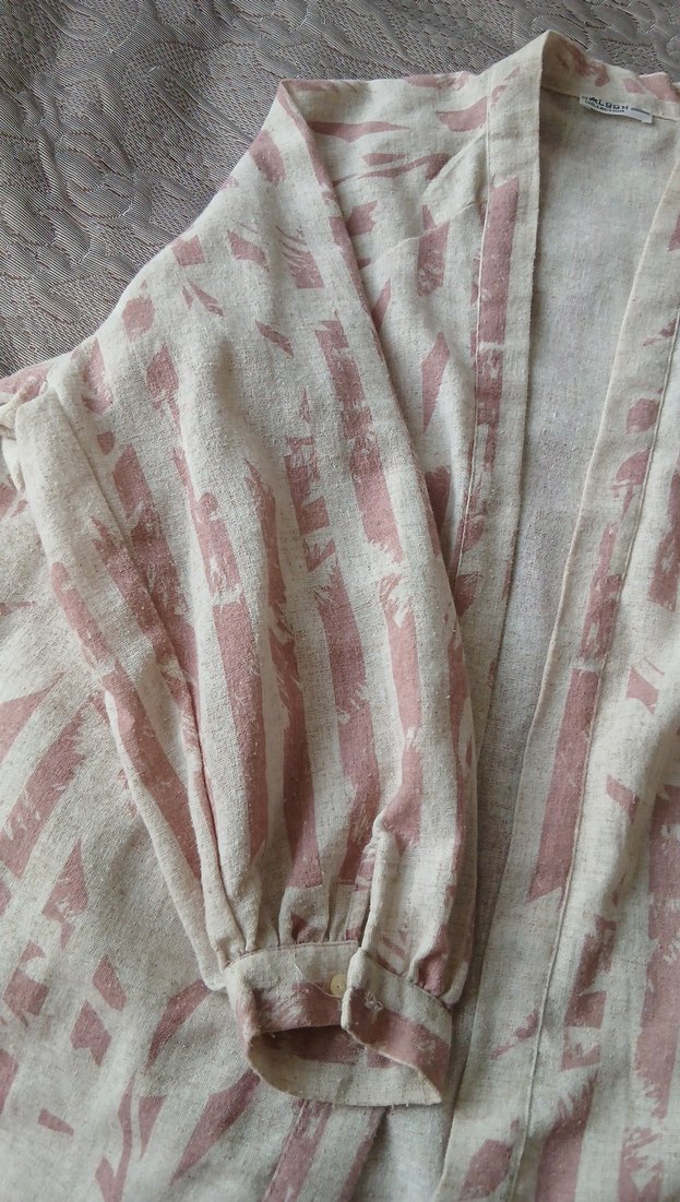 Bej Pastel Renkli Uzun Keten Kimono - Görsel 4