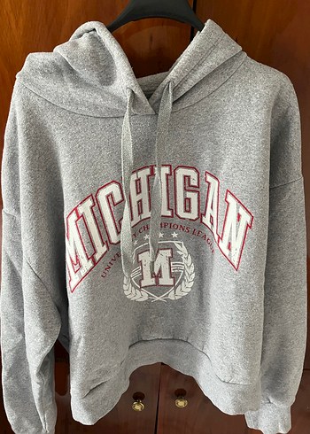 m Beden gri Renk Gri Kapüşonlu Michigan Baskılı Sweatshirt
