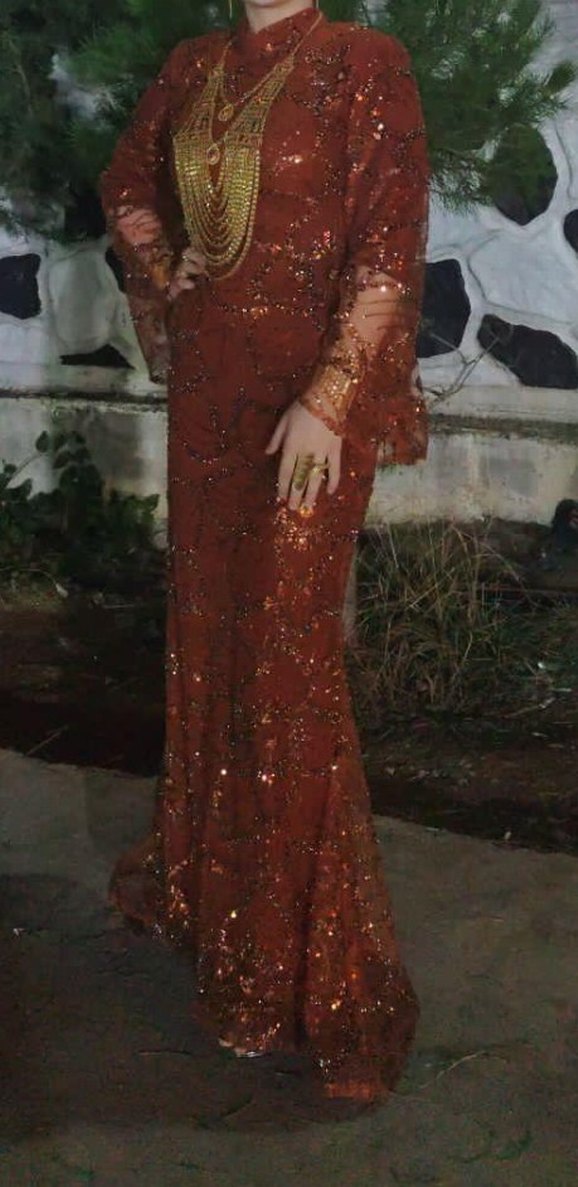 Boncuk İşlemeli Uzun kiremit Henna Elbise - Görsel 2