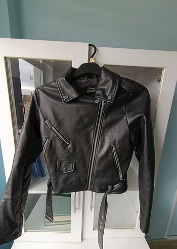 m Beden siyah Renk DeFacto Siyah Deri Kemerli Biker Ceket