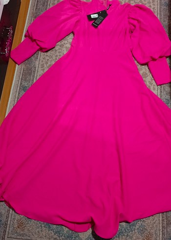 Pembe Uzun Kollu hakı Yaka gıbı yuvarlak Kadın Elbise - Görsel 2