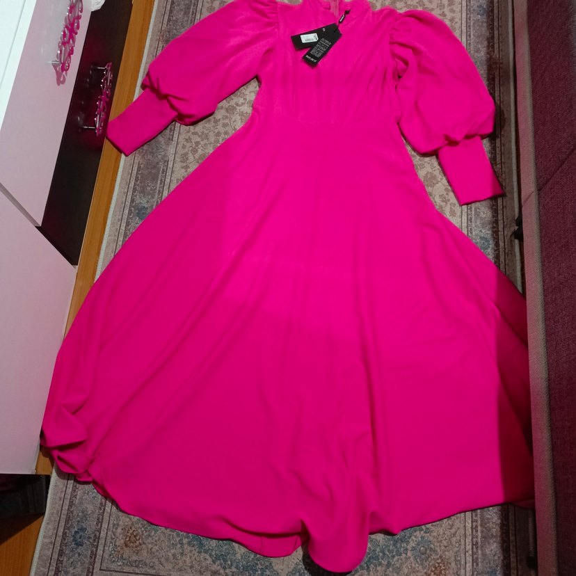 Pembe Uzun Kollu hakı Yaka gıbı yuvarlak Kadın Elbise - Görsel 2