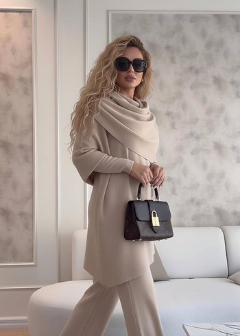 2li Takım Bej Kadın Süet Uzun Kollu Panço - Görsel 2