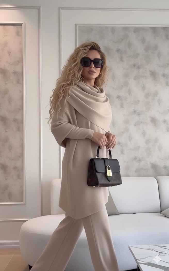 2li Takım Bej Kadın Süet Uzun Kollu Panço - Görsel 2