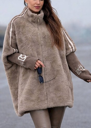 Gri Süet Detaylı Midi Boy Kadın Peluş Ceket standart - Görsel 5