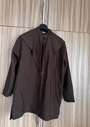 Düğmeli Uzun Kollu Kahverengi Keten Gömlek - Görsel 2