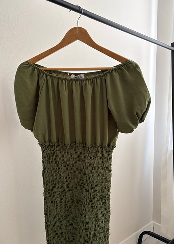 Haki kısa Askılı Pilili Keten Elbise - Görsel 3