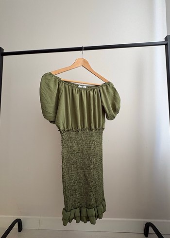 Haki kısa Askılı Pilili Keten Elbise - Görsel 2