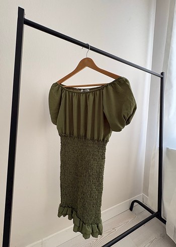 Haki kısa Askılı Pilili Keten Elbise - Görsel 4