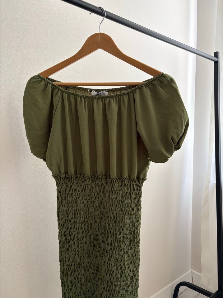 Haki kısa Askılı Pilili Keten Elbise - Görsel 3