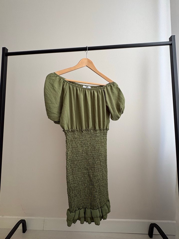 Haki kısa Askılı Pilili Keten Elbise - Görsel 2