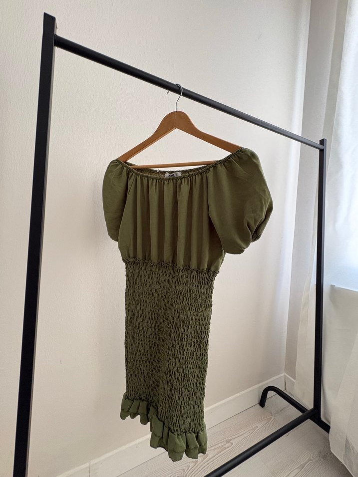 Haki kısa Askılı Pilili Keten Elbise - Görsel 4