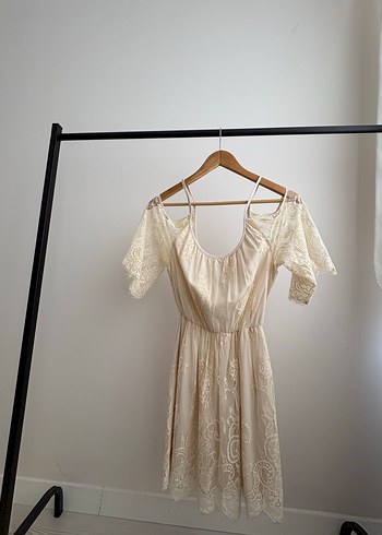 Dantel İşlemeli Bej Bohem Midi Elbise - Görsel 3