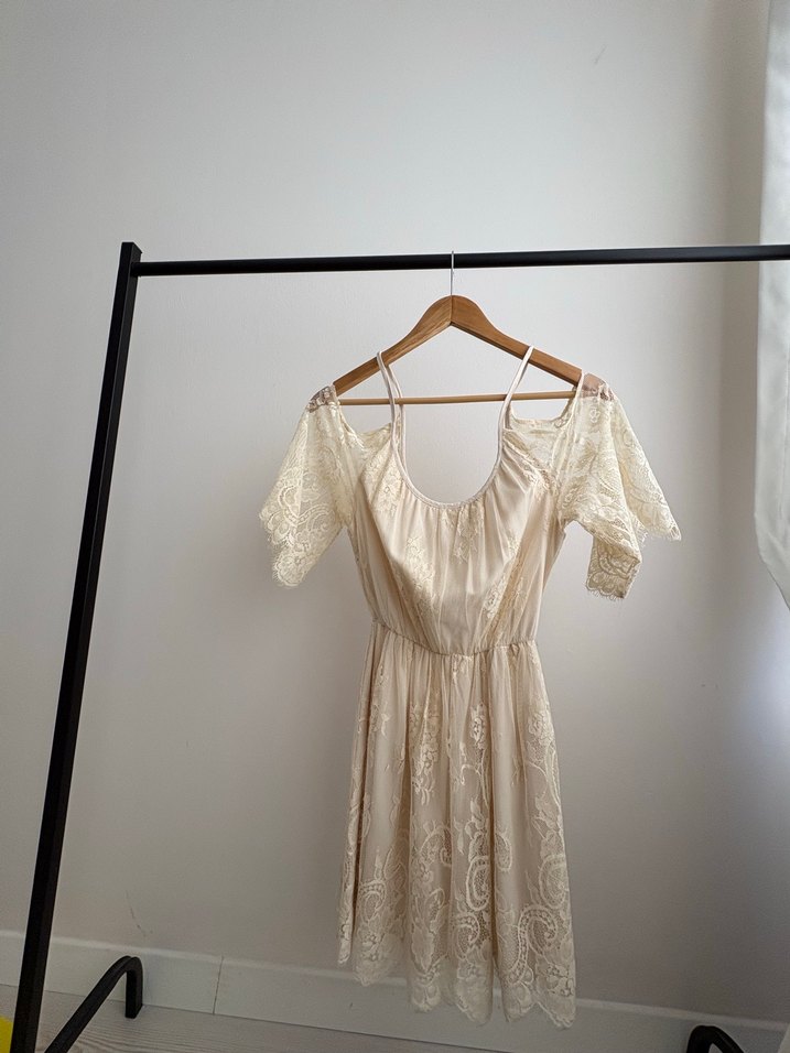 Dantel İşlemeli Bej Bohem Midi Elbise - Görsel 3