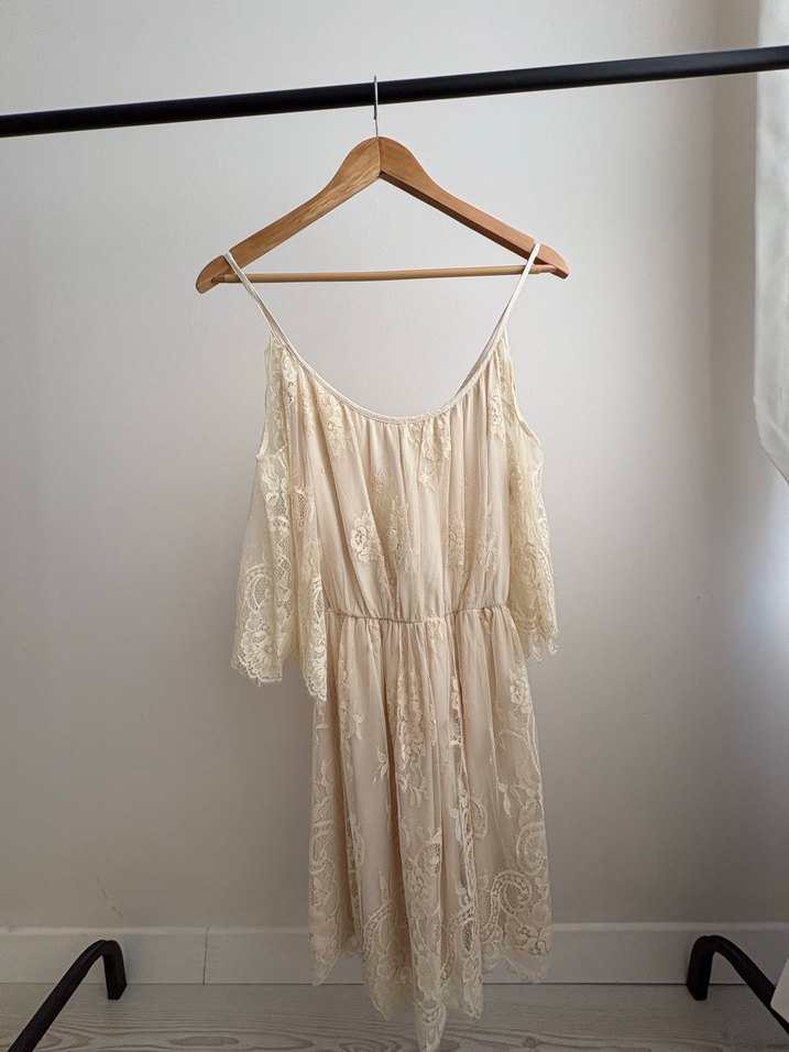 Dantel İşlemeli Bej Bohem Midi Elbise - Görsel 2