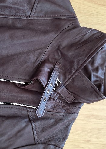 Mango mango bordo Kemerli gerçek Deri Biker Ceket