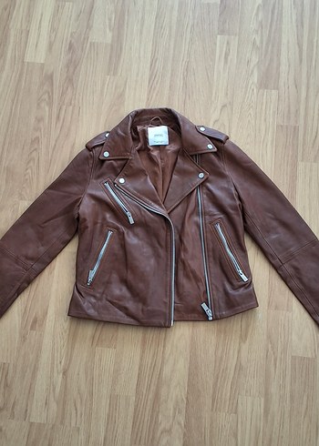 Mango Kahverengi gerçek Deri Biker Ceket Kadın