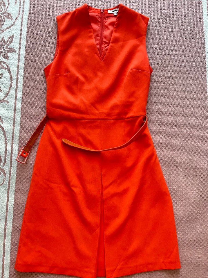 Kırmızı Midi Kemerli V Yaka Kadın Elbise - Görsel 3