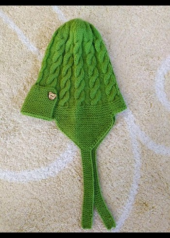 5-8 Yaş, 22 cm Beden Yeşil Örgü Çocuk Kulaklıklı Bere