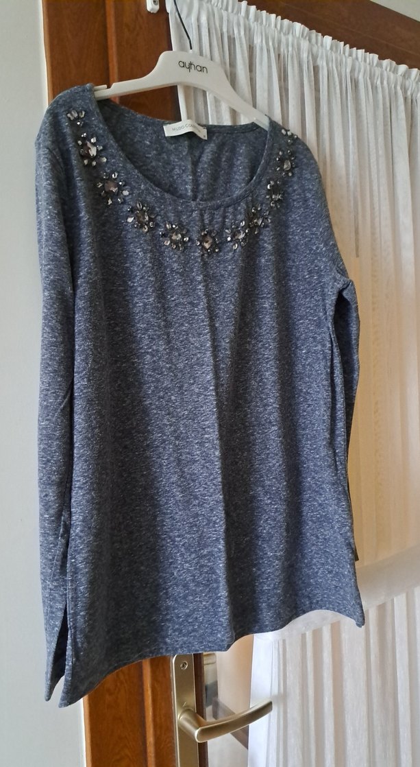 Gri Triko Kadın penye Boncuk Detaylı - Görsel 2