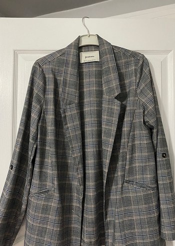 Ekose Desenli Gri Kadın Uzun Blazer Ceket - Görsel 3