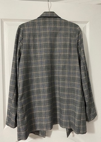 Ekose Desenli Gri Kadın Uzun Blazer Ceket - Görsel 2