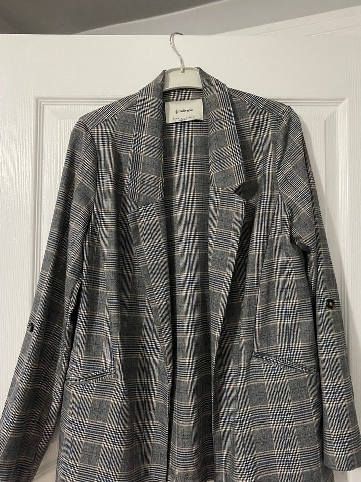 Ekose Desenli Gri Kadın Uzun Blazer Ceket - Görsel 3