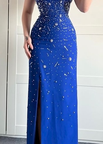 Straplez Taşlı Abiye Saks Mavisi - Görsel 2