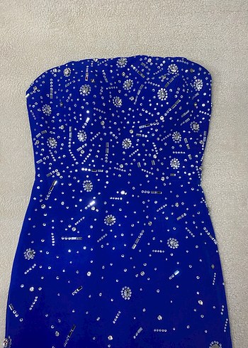 Straplez Taşlı Abiye Saks Mavisi - Görsel 4