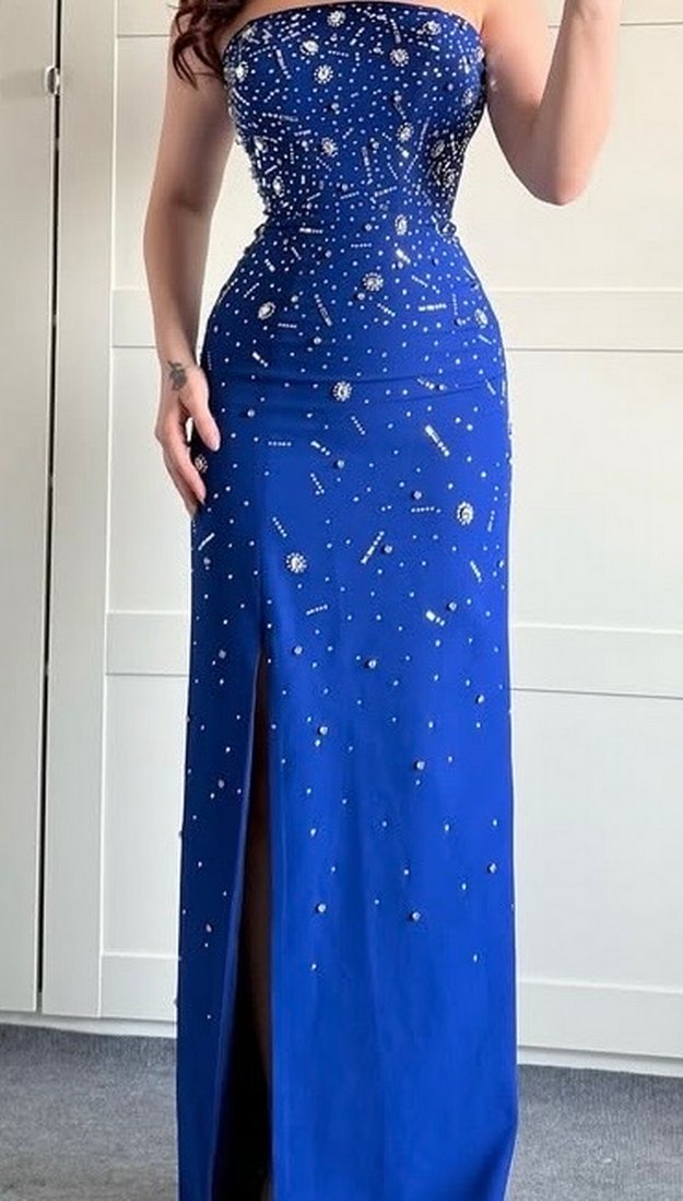 Straplez Taşlı Abiye Saks Mavisi - Görsel 2