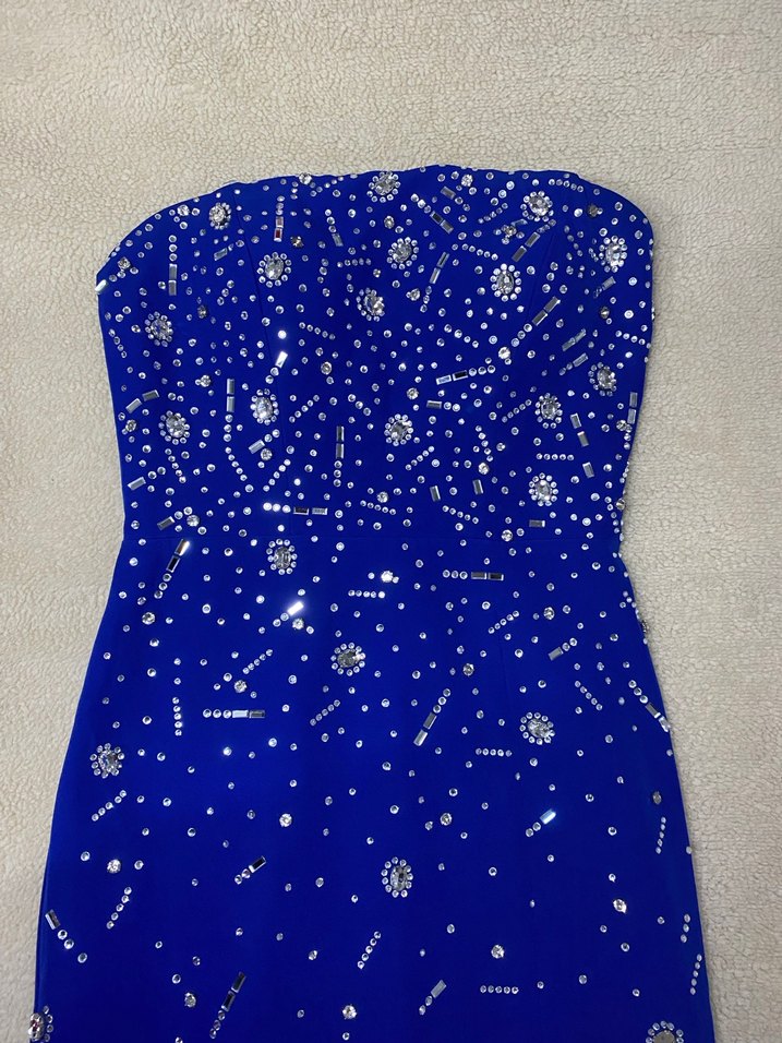 Straplez Taşlı Abiye Saks Mavisi - Görsel 4