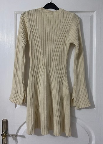 Beyaz Fitilli Triko Midi Elbise - Görsel 4