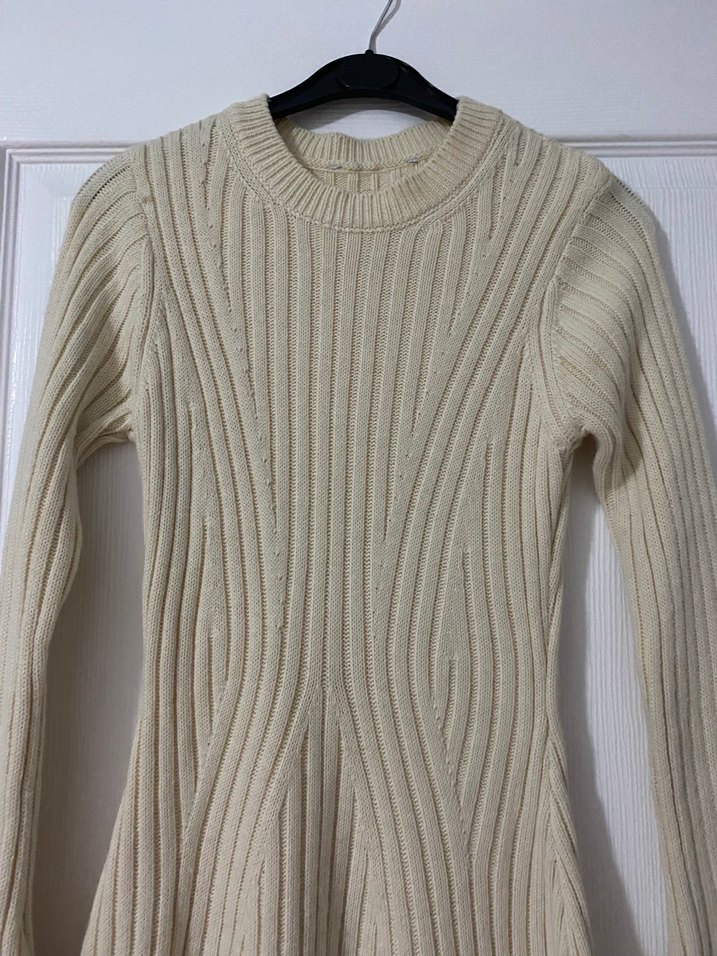 Beyaz Fitilli Triko Midi Elbise - Görsel 3