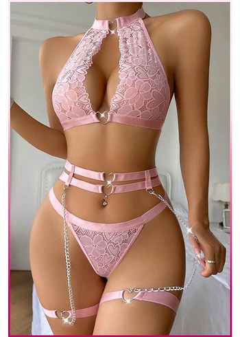 Beden Pembe Dantelli Kalp Detaylı Zincirli Seksi İç Giyim Seti
