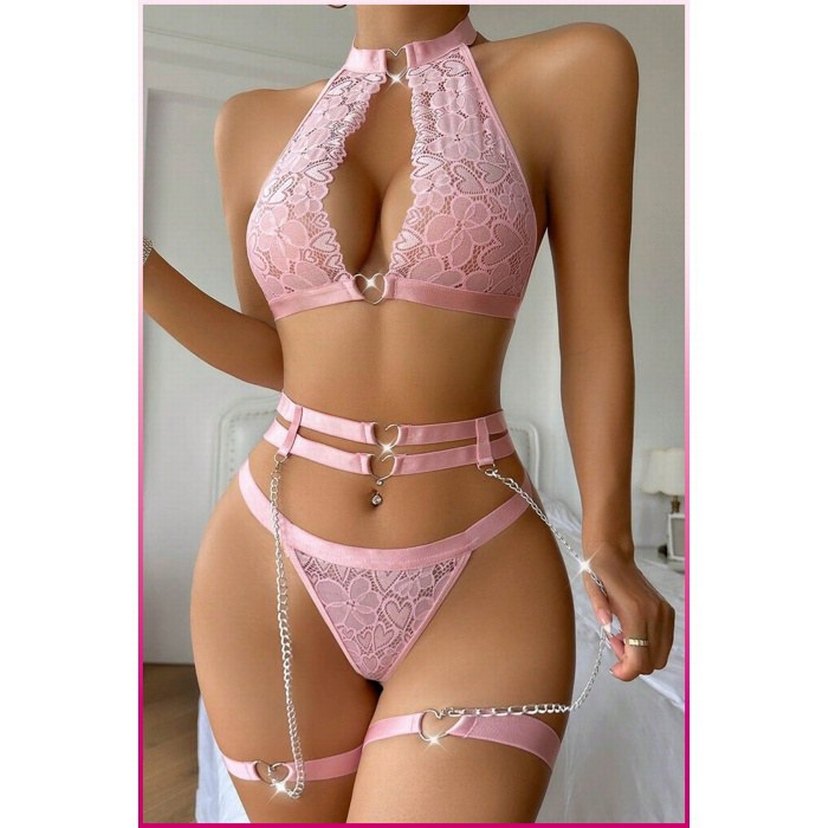 Pembe Dantelli Kalp Detaylı Zincirli Seksi İç Giyim Seti - Görsel 3