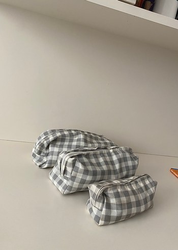 Gri Kareli Keten Kadın Makyaj Çantası 3 lü