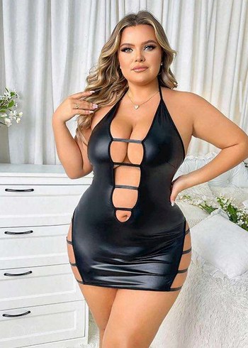 Diğer Siyah Deri Görünümlü Strappy Midi Gecelik