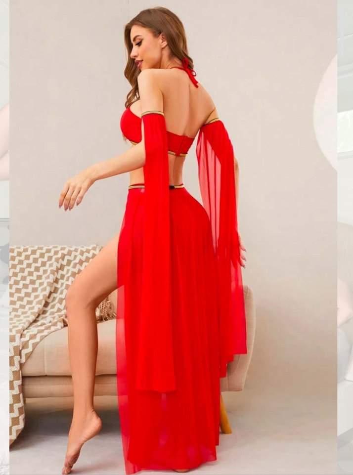 Bohem Tarzı Kırmızı Uzun Drapeli Kadın Elbise - Görsel 2