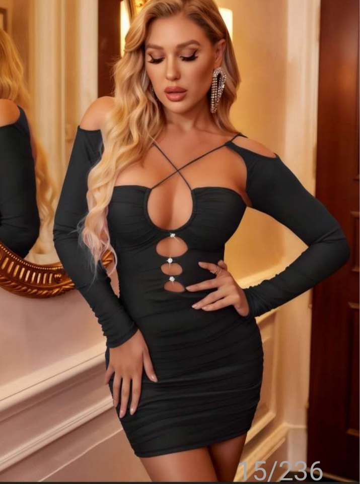 Siyah Uzun Kollu Göğüs Detaylı Mini Elbise beden mevcut m l xl - Görsel 2