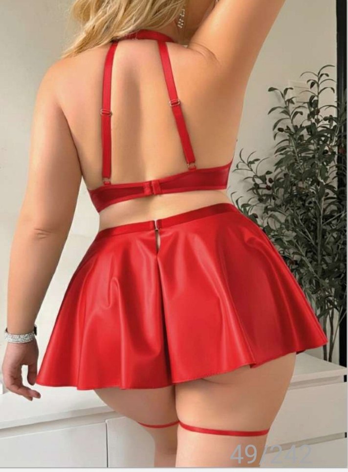 Kırmızı Deri Halter Yaka Bustiyer battal boy deri kostüm - Görsel 2