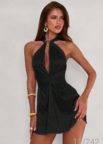 Parlak Siyah Drapeli Mini Elbise - Görsel 2