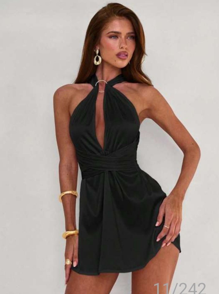 Parlak Siyah Drapeli Mini Elbise - Görsel 2