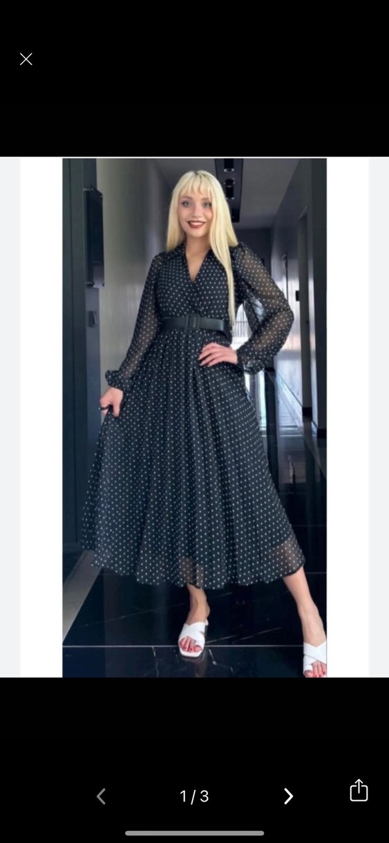 Puantiyeli Siyah V Yaka Uzun Elbise - Görsel 2