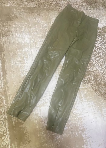 Kadın Haki Deri Dar Kesim Midi Pantolon - Görsel 2