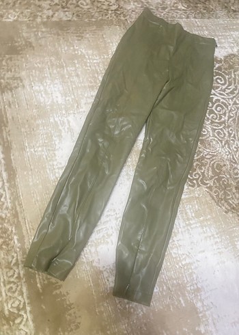 Kadın Haki Deri Dar Kesim Midi Pantolon - Görsel 4